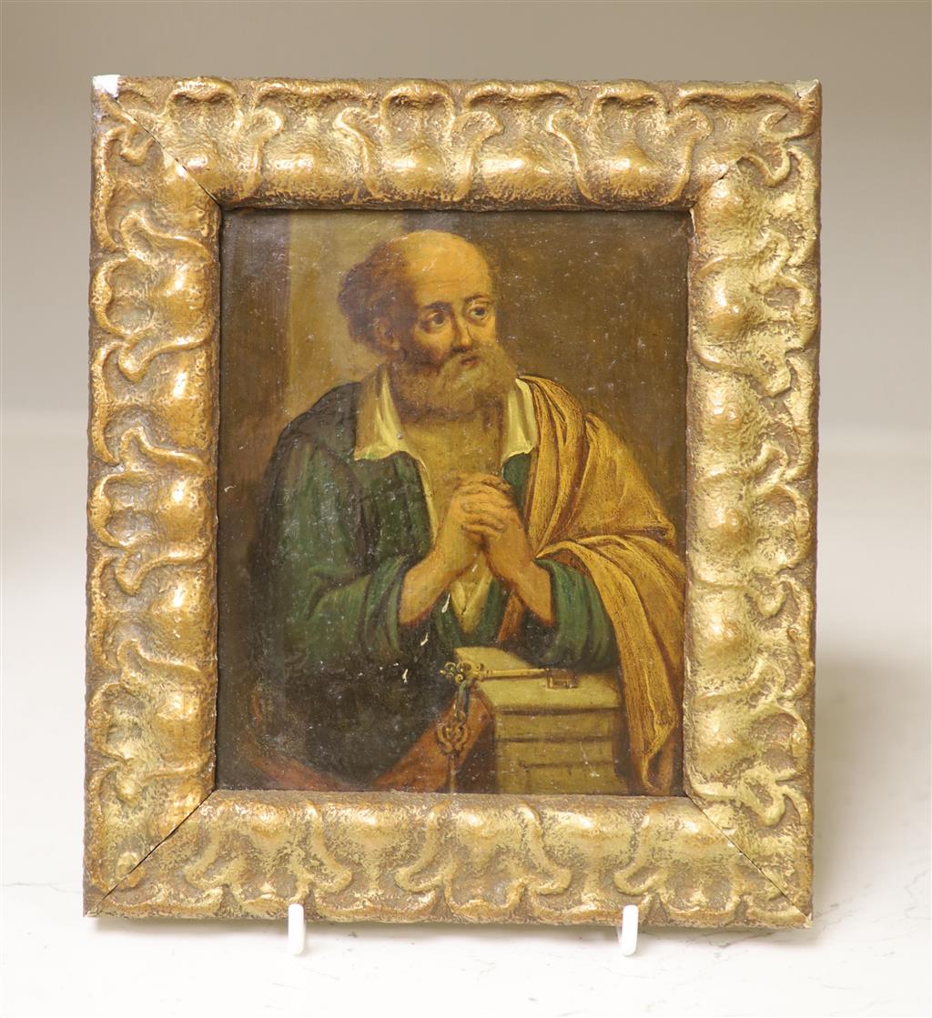 19th century Flemish School, oil on copper panel, St Peter in prayer, label verso stating from the Moyglare House Collection, 16 x 13cm